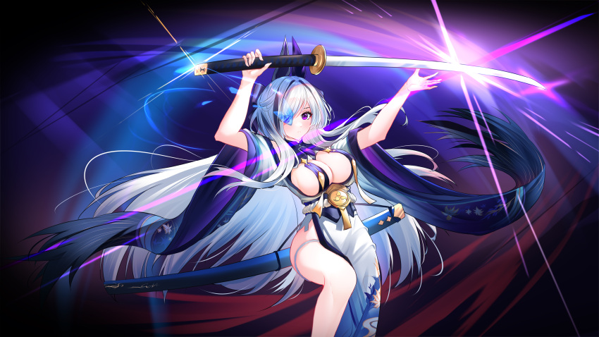 1girl absurdres arms_up azur_lane breasts butterfly_over_eye f35a floral_print floral_print_kimono hair_over_one_eye highres holding holding_sword holding_weapon japanese_clothes katana kimono large_breasts long_hair looking_at_viewer purple_eyes purple_hair sakuramon sheath side_slit solo sword thigh_strap unzen_(azur_lane) very_long_hair weapon white_hair white_kimono wide_sleeves