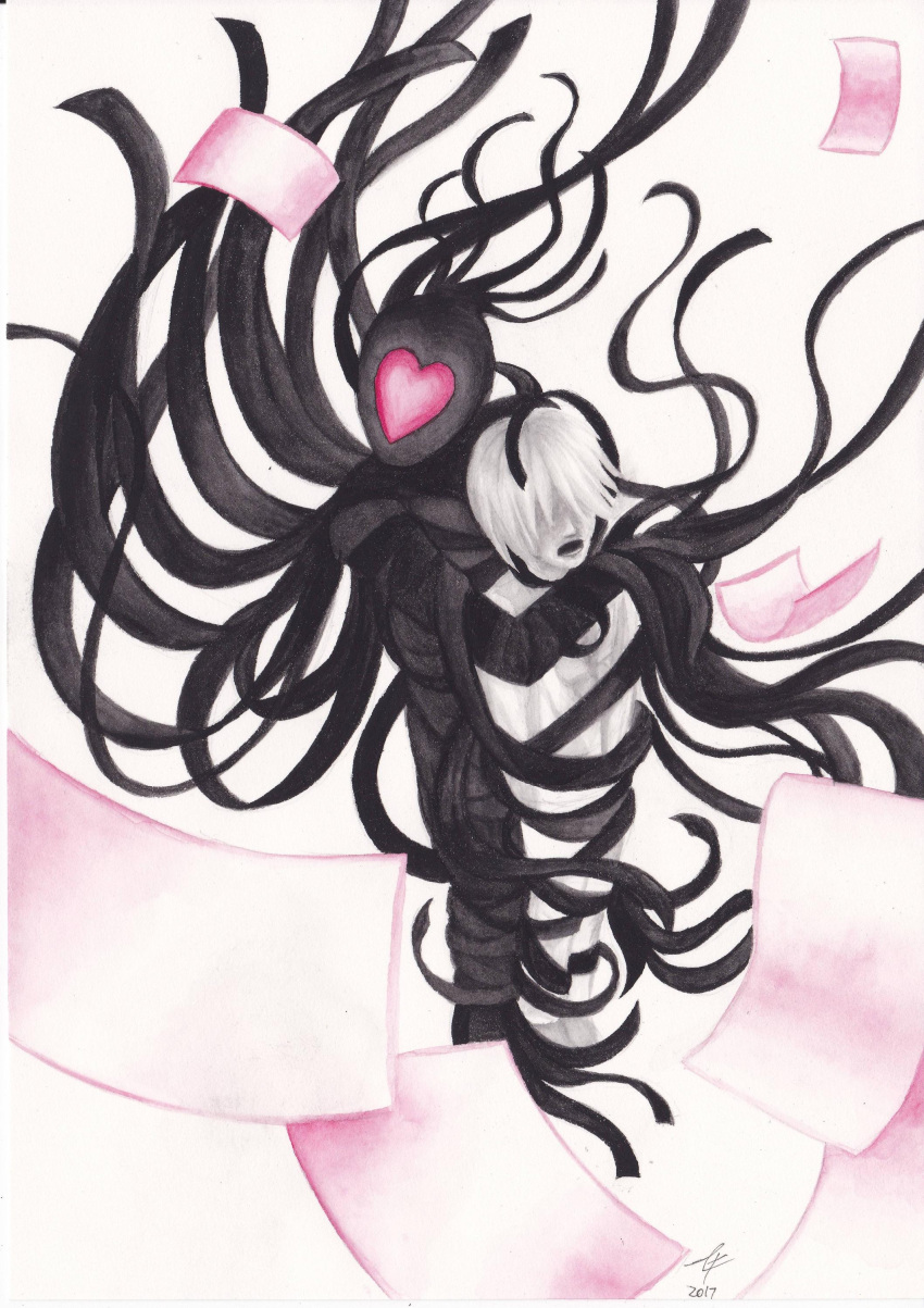 &lt;3 2017 absurd_res ambiguous_gender arms_tied black_and_white black_body bound dated duo greyscale hi_res human humanoid larger_ambiguous larger_humanoid legs_tied male mammal monochrome monster monstrous_humanoid paper pink_heart restrained restricted_palette scp-2521 scp_foundation signature size_difference smaller_human smaller_male tentacles traditional_media_(artwork) zhange