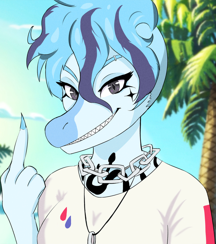 anonymous_artist anthro big_breasts blue_body blue_hair breasts dinosaur female gesture goodbye_volcano_high hair happy hi_res long_nails middle_finger nails nick_(gvh) piercing punk reptile scalie sharp_nails sharp_teeth short_hair smile solo tattoo teeth