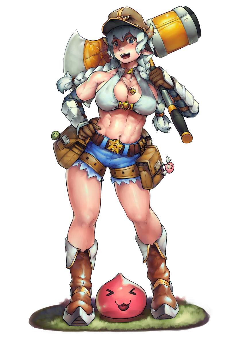 &gt;_&lt; 1girl :3 abs absurdres angeling animal_ears axe bag_charm bell belt belt_buckle bikini bikini_top_only blue_eyes blue_shorts blush boots braid breasts brown_belt brown_footwear brown_gloves buckle charm_(object) cleavage commentary cow_ears cow_girl cow_horns elbow_gloves english_commentary full_body gloves grass hand_on_own_hip highres holding holding_axe horns jingle_bell large_breasts long_hair looking_at_viewer medium_bangs midriff muscular muscular_female nandi_(puchirisu) navel neck_bell open_mouth original poporing poring pouch puchirisu ragnarok_online short_shorts shorts simple_background slime_(creature) smile solo standing star_(symbol) swimsuit teeth twin_braids upper_teeth_only vambraces white_background white_bikini white_hair whitesmith_(ragnarok_online)