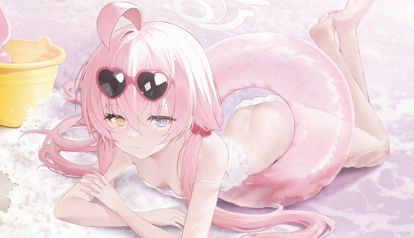 1girl ahoge arm_rest ass barefoot beach bikini blue_archive blush breasts butt_crack chungu crossed_arms double_strap_slip eyewear_on_head feet_up halo heterochromia highres hoshino_(blue_archive) hoshino_(swimsuit)_(blue_archive) looking_at_viewer lying on_stomach pink_hair small_breasts solo sunglasses swimsuit twintails white_bikini