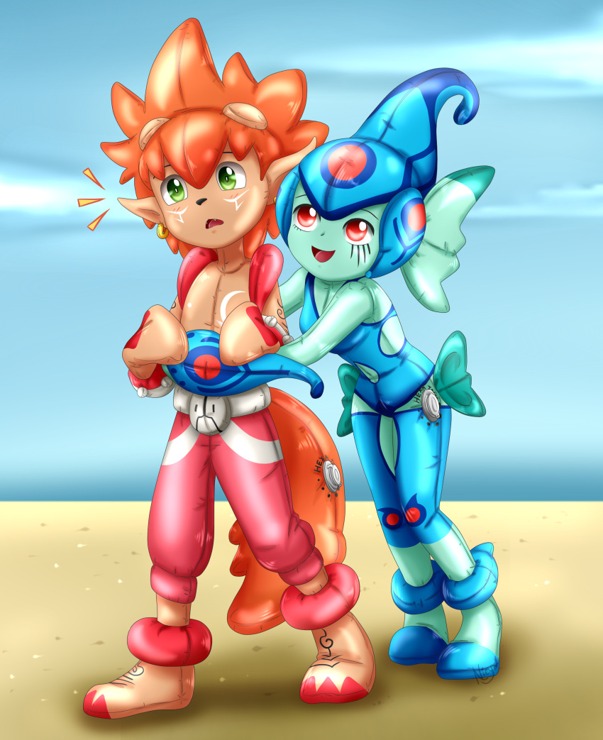 absurd_res ambiguous_gender animate_inanimate bandai_namco beachside digimon digimon_(species) duo ear_fins fin flamemon hexatoy hi_res humanoid inflatable living_inflatable logo nieyx nozzle painted_clothing ranamon rings_on_legs simple_background