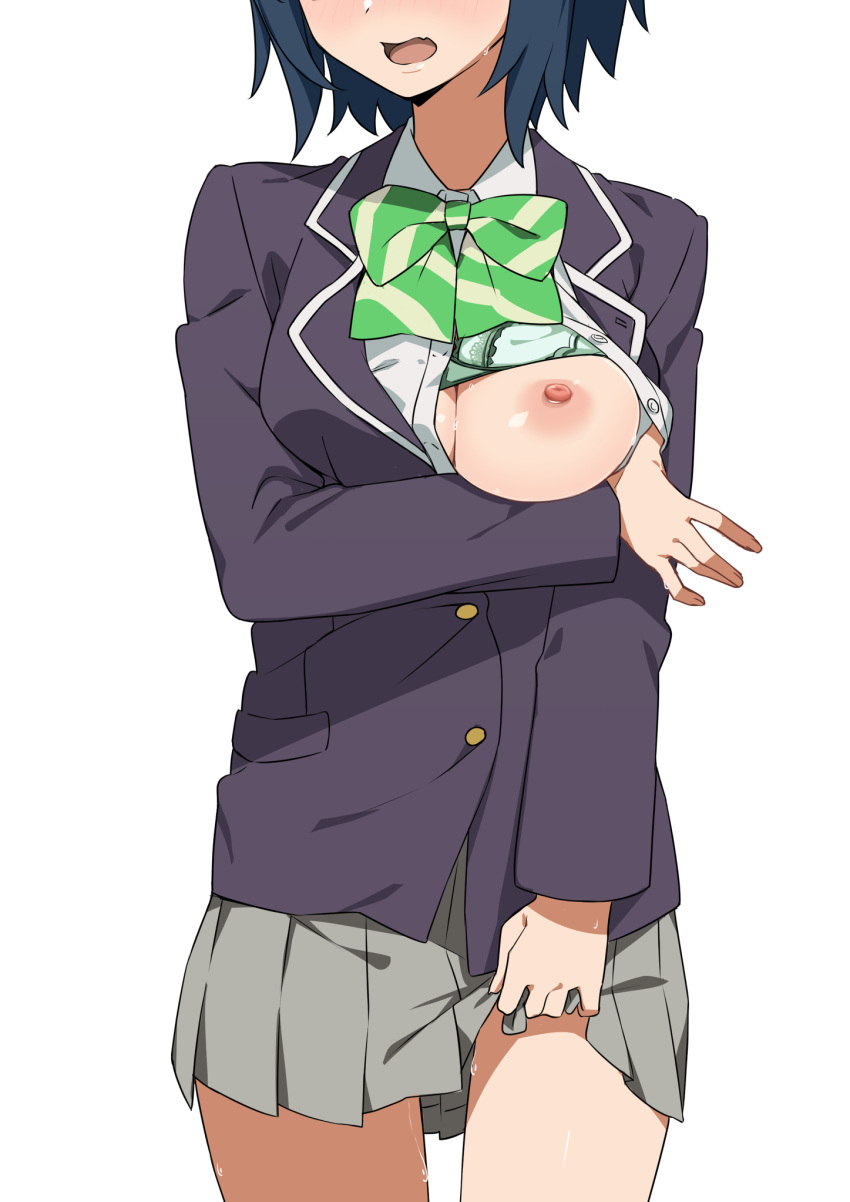 1girl black_jacket blue_hair blush bow bowtie bra bra_lift breasts collared_shirt cowboy_shot gamers! green_bow green_bowtie green_bra grey_skirt head_out_of_frame highres hoshinomori_chiaki jacket long_sleeves medium_breasts morisobo nipples one_breast_out open_mouth pleated_skirt school_uniform shirt short_hair simple_background skirt solo standing sweat underwear white_background white_shirt