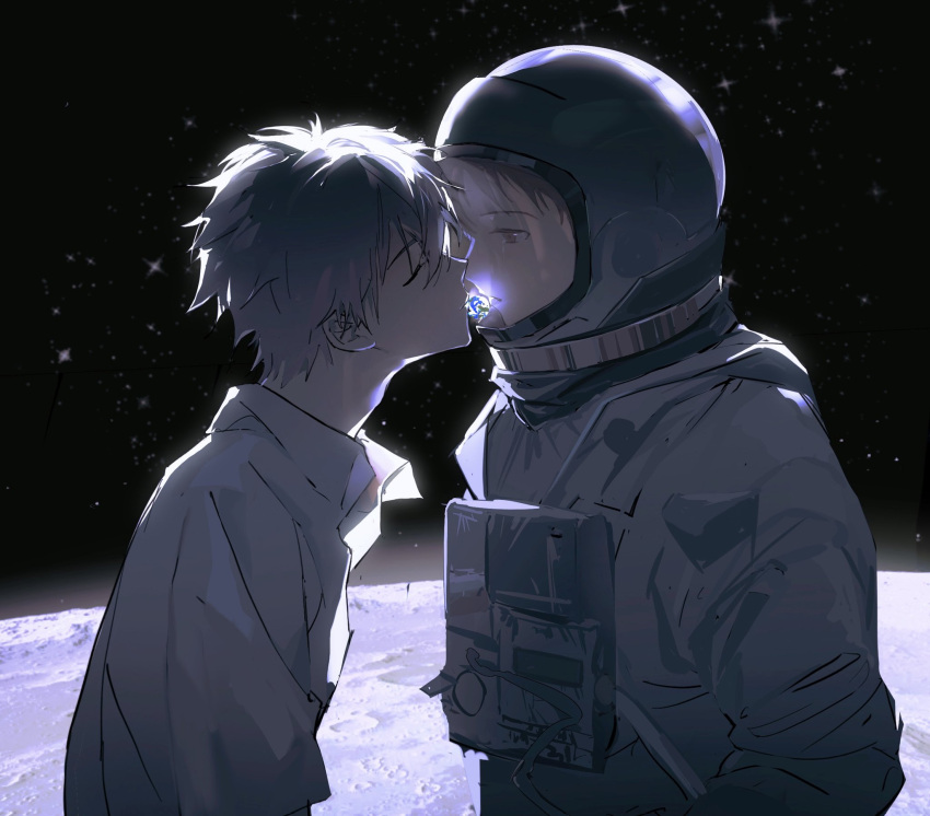 2boys adam's_apple astronaut backlighting black_hair collared_shirt earth_(planet) face-to-face facing_another forced_perspective from_side grey_hair highres ikari_shinji imminent_kiss looking_at_another male_focus multiple_boys nagisa_kaworu neon_genesis_evangelion on_moon parted_lips planet profile school_uniform shirt short_hair space_helmet spacesuit star_(sky) upper_body white_shirt yaoi yexuan825
