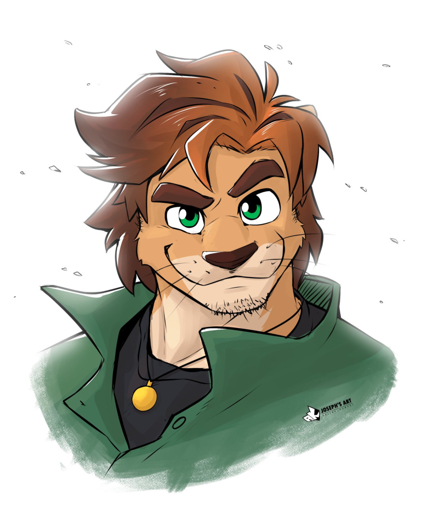 anjing_kampuss anthro brown_hair clothed clothing countershade_face countershade_neck countershading eyebrows felid green_eyes hair hi_res lion male mammal pantherine raja_(anjing_kampuss) smile solo whiskers