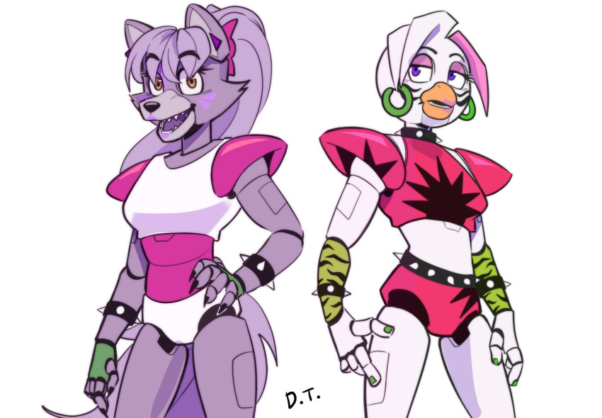 animatronic anthro belt bracelet claws clothing collar drug_taker duo fangs female fingerless_gloves five_nights_at_freddy's five_nights_at_freddy's:_security_breach glamrock_chica_(fnaf) gloves handwear hi_res jewelry looking_at_viewer machine open_mouth robot roxanne_wolf_(fnaf) scottgames simple_background smile spiked_belt spiked_bracelet spiked_collar spikes steel_wool_studios teeth white_background