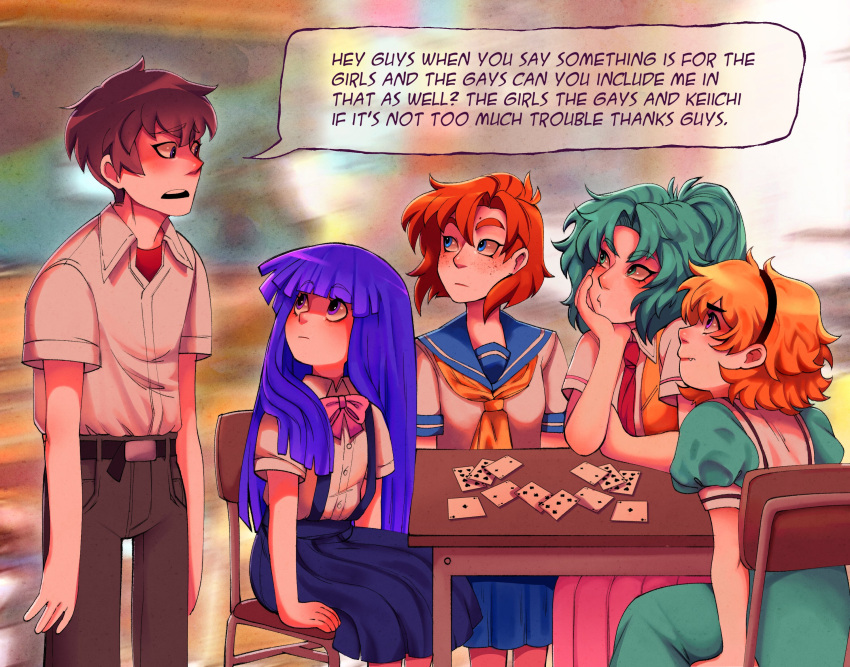 1boy 4girls blonde_hair blue_eyes blue_skirt brown_hair card chair closed_mouth collared_shirt desk english_commentary english_text freckles furude_rika green_eyes green_hair hairband highres higurashi_no_naku_koro_ni houjou_satoko katrinciart long_hair looking_at_another maebara_keiichi multiple_girls neckerchief open_mouth playing_card pleated_skirt purple_eyes purple_hair ryuuguu_rena school_uniform shirt short_hair sitting skirt sonozaki_mion speech_bubble teeth upper_teeth_only white_shirt yellow_neckerchief