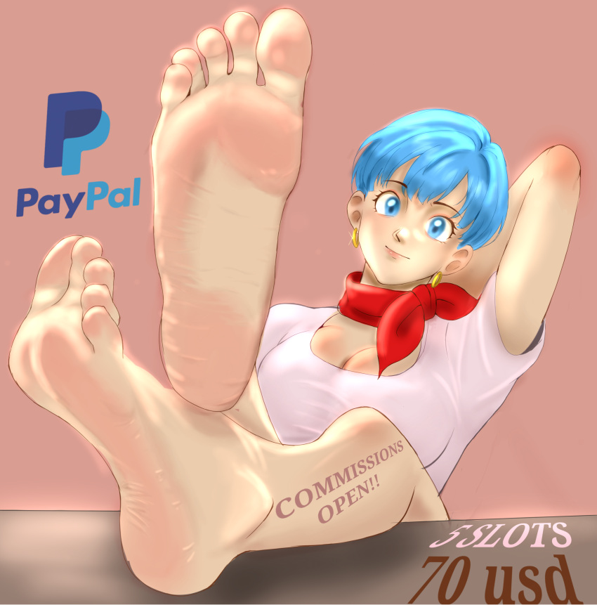 absurdres bare_legs barefoot bulma danielleshh dragon_ball feet feet_on_table feet_up foot_focus highres self-upload sitting soles solo_focus toes