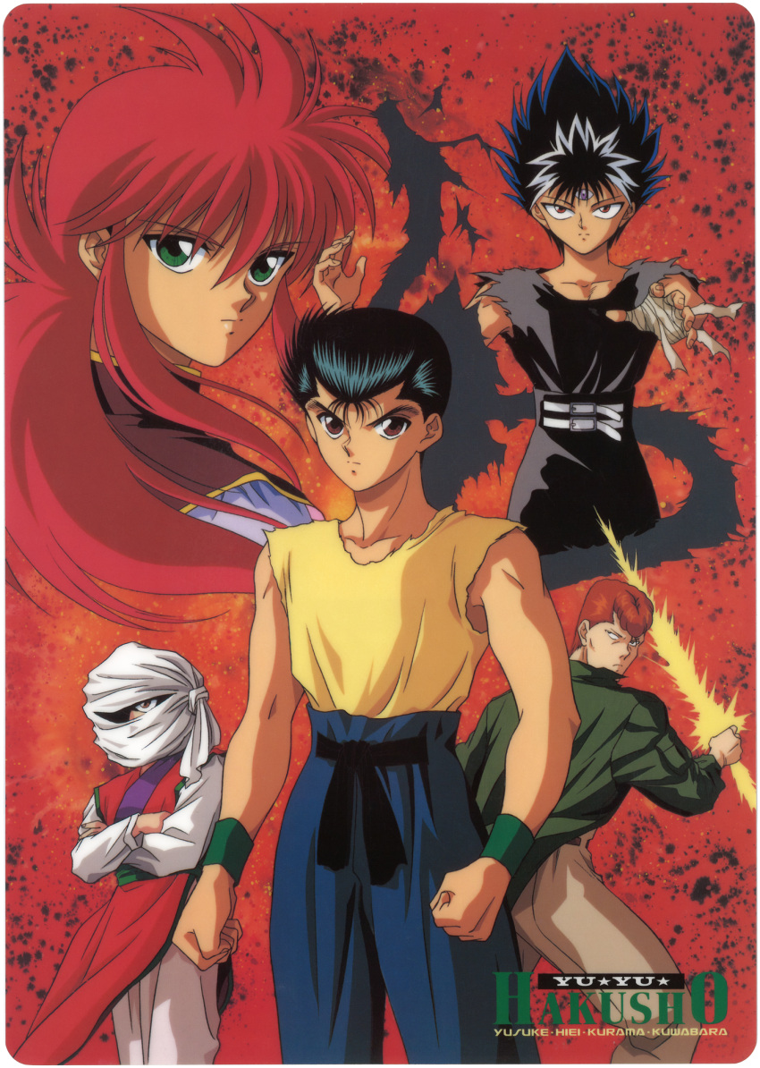 1990s_(style) 1girl 4boys bandaged_hand bandages black_eyes black_hair black_shirt brown_eyes card_(medium) character_name clenched_hands copyright_name crossed_arms energy_sword genkai green_eyes hiei_(yu_yu_hakusho) highres kurama_(yu_yu_hakusho) kuwabara_kazuma long_hair multiple_boys non-web_source official_art outstretched_arm pompadour red_eyes red_hair retro_artstyle scan shirt short_hair special_moves sword third_eye urameshi_yusuke weapon wristband yellow_shirt yu_yu_hakusho