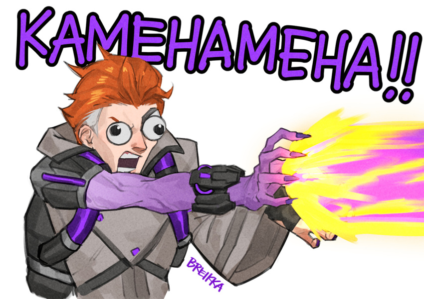 ! !! 1girl artist_name breikka coat dragon_ball dragon_ball_z english_commentary googly_eyes incoming_attack kamehameha long_sleeves moira_(overwatch) multicolored_hair nail_polish open_mouth orange_hair overwatch overwatch_2 purple_nails short_hair simple_background solo streaked_hair teeth v-shaped_eyebrows veins white_background
