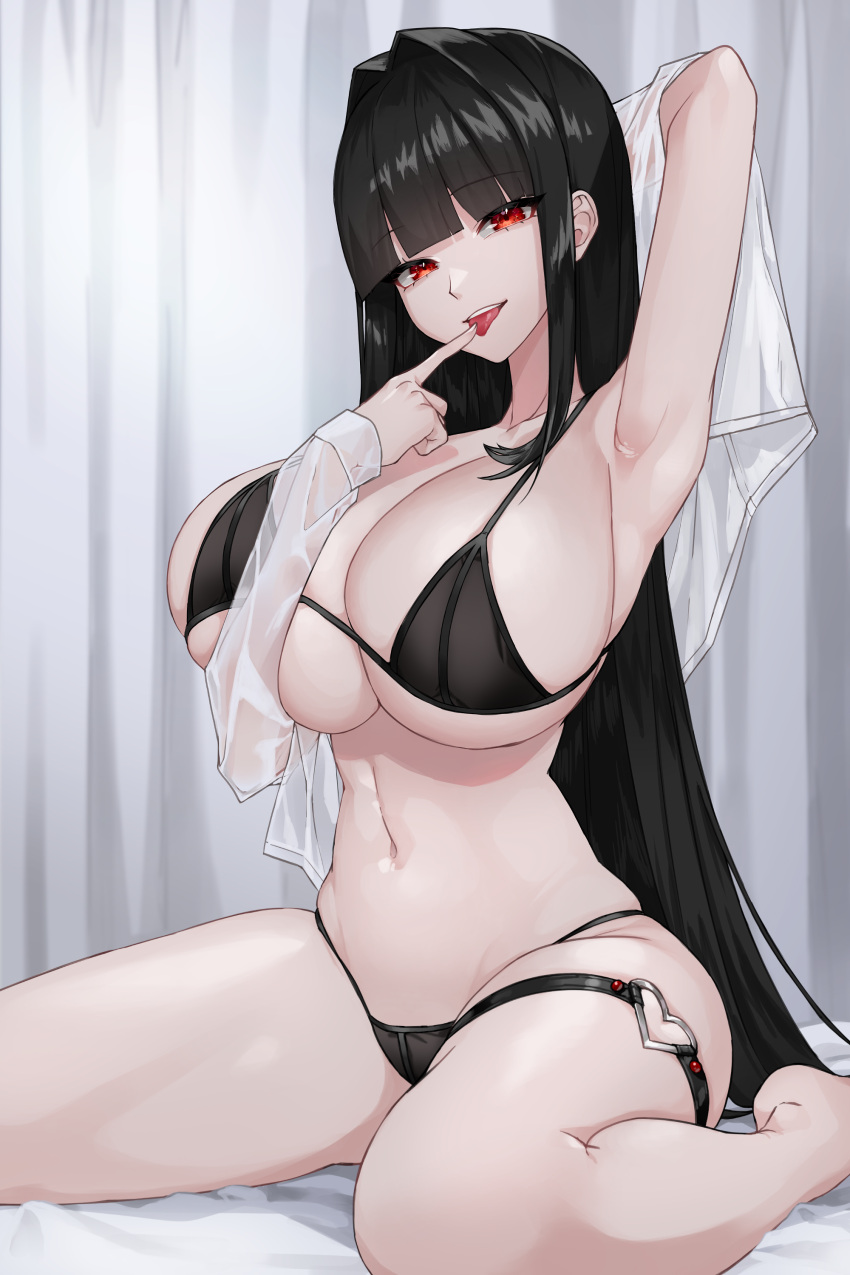 1girl absurdres arm_behind_head arm_up armpits bare_legs bare_shoulders bikini black_bikini black_hair blunt_bangs breasts cleavage commission curtains finger_to_tongue hair_intakes hand_up heart highres huge_breasts long_hair looking_at_viewer navel open_clothes open_mouth open_shirt original qureniim red_eyes second-party_source see-through shirt sidelocks sitting skindentation smile solo stomach string_bikini swimsuit thigh_strap thighs tongue tongue_out very_long_hair wariza white_shirt