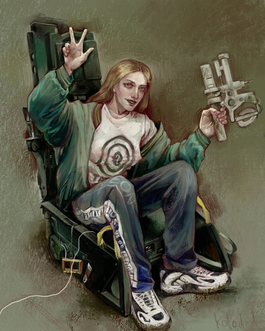 1girl ? arm_up artist_name blonde_hair blush brown_eyes clothes_writing covered_nipples green_jacket highres holding jacket kotoded long_sleeves looking_at_viewer medium_hair original pilot_chair puffy_sleeves russian_commentary serbia shirt shoes sitting smile sneakers target traditional_media v white_shirt