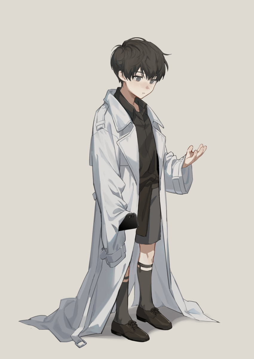 1boy absurdres aged_down akabane_yu black_footwear black_hair black_shirt cellphone child collared_shirt dress_shirt grey_background grey_shorts grey_socks hand_up highres holding holding_phone kim_dokja kneehighs legwear_garter long_sleeves looking_at_hand looking_at_viewer looking_down male_child male_focus omniscient_reader's_viewpoint oversized_clothes phone shirt shirt_partially_tucked_in shorts simple_background sleeves_past_fingers sleeves_past_wrists socks solo standing