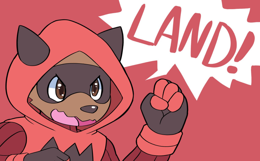 anthro clothing english_text exclamation_point facial_markings generation_3_pokemon gloves grunt_(pokemon) handwear head_markings hi_res hoodie imdanuki magma_grunt male markings mask_(marking) nintendo open_mouth pokemon pokemon_(species) solo team_magma text topwear yelling zigzagoon