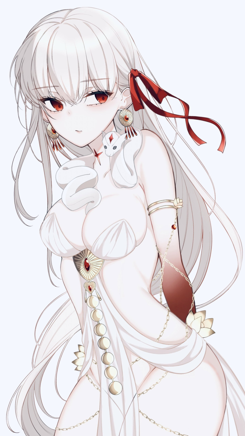 1girl absurdres armlet arms_behind_back belly_chain blush body_markings bow breasts colored_skin durga_(fate) earrings facial_mark fate/grand_order fate_(series) forehead_mark hair_bow highres indian_clothes jewelry large_breasts long_hair looking_at_viewer mati5572 red_eyes red_skin revealing_clothes simple_background snake solo thumb_ring white_background white_hair