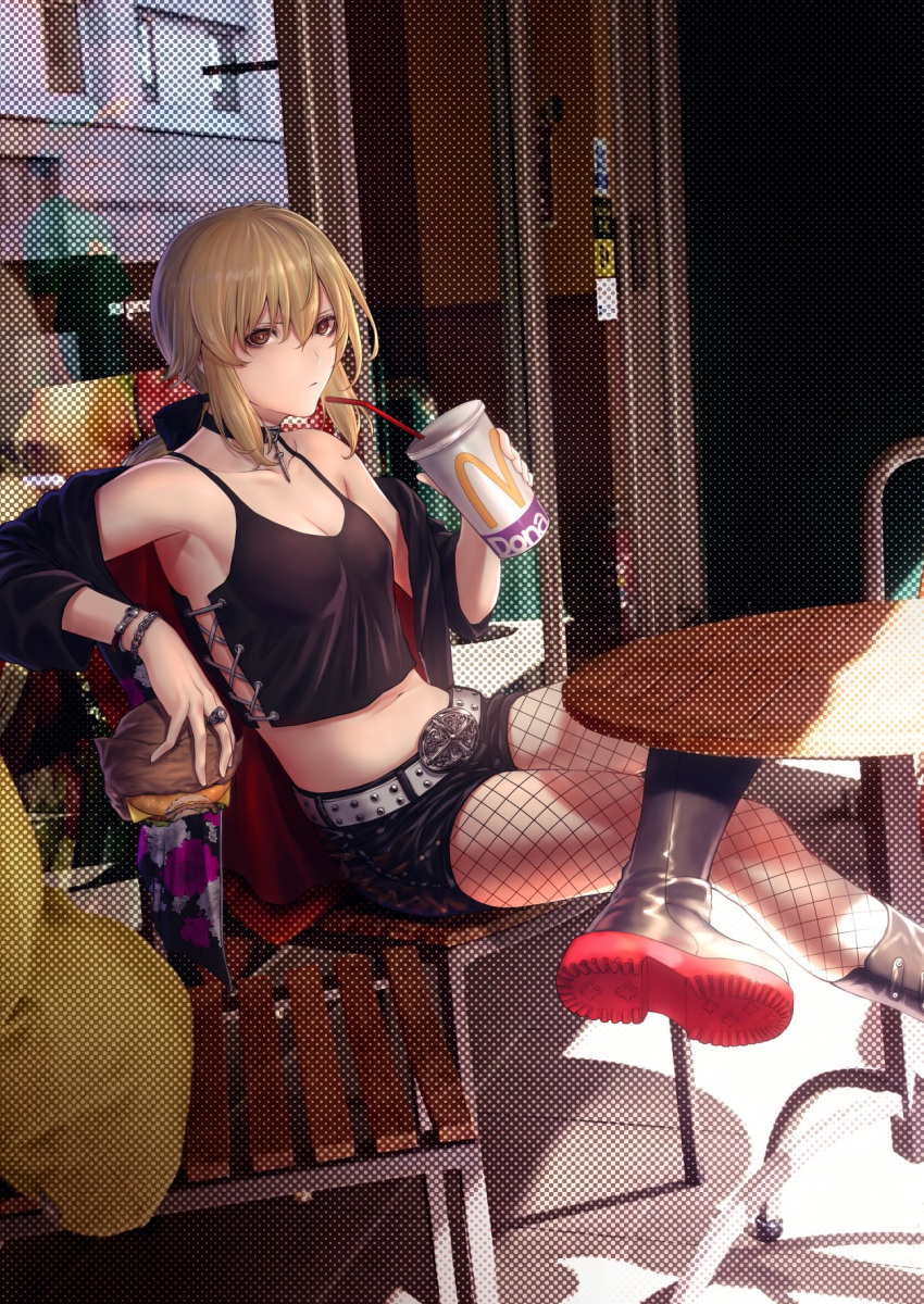 1girl artoria_pendragon_(fate) bare_shoulders belt black_footwear black_jacket black_ribbon black_shorts black_tank_top blonde_hair blush boots bracelet breasts buckle burger casual chair choker cleavage collarbone commentary_request cross-laced_slit crossed_legs cup cushion day disposable_cup drinking_straw expressionless fate/grand_order fate/stay_night fate_(series) fishnet_pantyhose fishnets food hair_between_eyes hair_ribbon highres holding holding_cup holding_food jacket jewelry knee_boots long_hair looking_at_viewer mcdonald's medium_breasts midriff mugetsu2501 navel off_shoulder official_alternate_costume pantyhose ribbon ring saber_alter saber_alter_(ver._shinjuku_1999)_(fate) shorts sideless_outfit sidelocks sitting solo storefront table tank_top wristband yellow_eyes