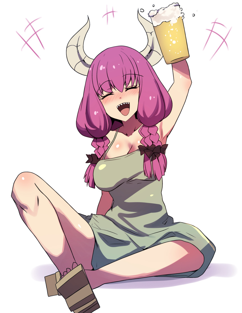 +++ 1girl absurdres alcohol arm_up aura_(sousou_no_frieren) bare_shoulders beer beer_mug blush bocchi_the_rock! breasts cleavage closed_eyes commentary cosplay cup demon_horns dress english_commentary facing_viewer geta green_dress highres hinghoi hiroi_kikuri hiroi_kikuri_(cosplay) holding holding_cup horns knee_up long_hair look-alike mug open_mouth pink_hair sharp_teeth sitting sleeveless sleeveless_dress smile solo sousou_no_frieren spaghetti_strap teeth white_background