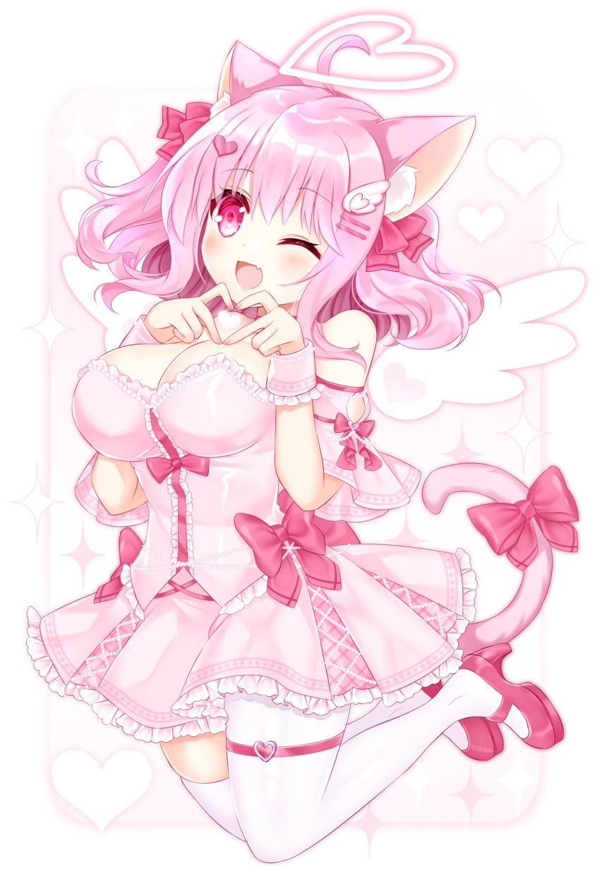 1girl ;d animal_ears bare_shoulders bow breasts cat_ears cat_girl cat_tail cleavage commentary_request dress fang frilled_dress frills hair_bow halo heart high_heels highres large_breasts looking_at_viewer mini_wings one_eye_closed original pantyhose pink_bow pink_dress pink_hair purple_eyes red_bow red_footwear shikito shoes single_leg_pantyhose single_thighhigh smile solo sparkle strapless strapless_dress tail tail_bow tail_ornament thighhighs two_side_up white_pantyhose white_thighhighs white_wings wings