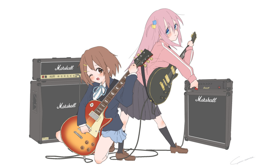 2girls amplifier black_jacket black_skirt black_socks blue_eyes blue_skirt blush bocchi_the_rock! brown_eyes brown_footwear brown_hair closed_mouth crossover cube_hair_ornament electric_guitar gotou_hitori guitar hair_between_eyes hair_ornament hairclip highres hirasawa_yui holding holding_instrument instrument jacket k-on! long_hair long_sleeves multiple_girls one_eye_closed one_side_up open_mouth pink_hair pink_jacket pleated_skirt sakuragaoka_high_school_uniform school_uniform shoes signature simple_background skirt smile socks track_jacket white_background yo_na