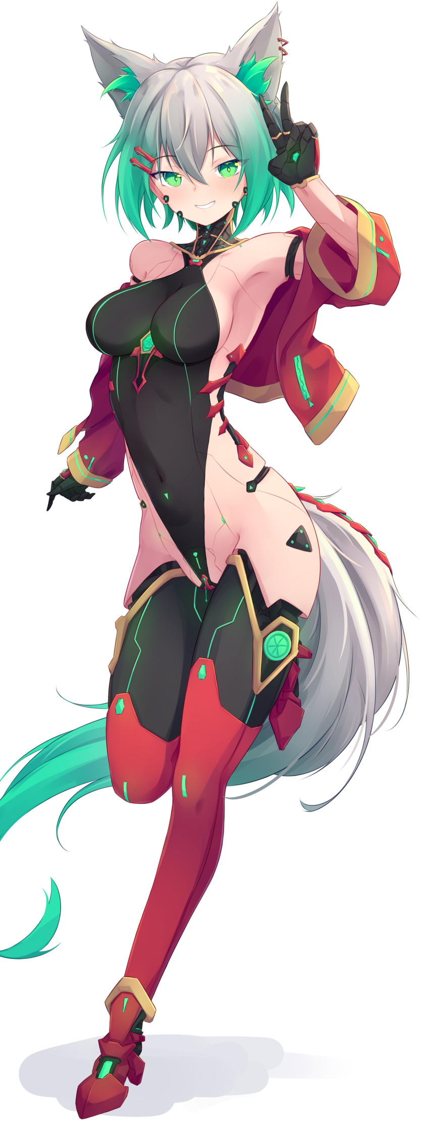1girl absurdres animal_ear_fluff animal_ears armpits black_gloves black_leotard breasts covered_navel cropped_jacket crossed_bangs cyborg fox_ears fox_girl fox_tail gloves gold_trim gradient_hair green_eyes green_hair grey_hair grin hair_between_eyes hair_ornament hairclip hand_up highleg highleg_leotard highres jacket leotard long_hair long_sleeves mechanical_legs medium_breasts multicolored_hair open_clothes open_jacket original red_jacket shadow short_hair simple_background smile solo standing standing_on_one_leg tail trimbil v very_long_hair white_background wide_sleeves