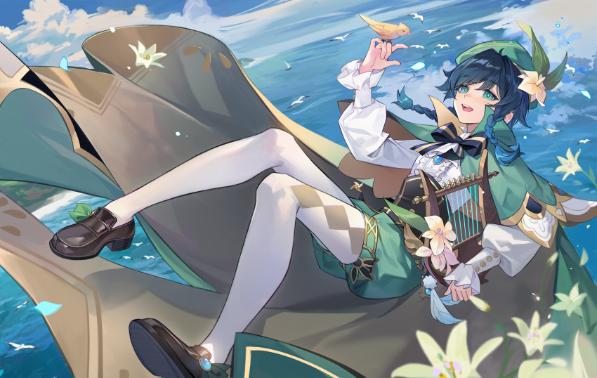 1boy :d absurdres bard beach beret bird bird_on_hand black_hair blue_hair blue_sky braid brown_footwear cape cecilia_flower_(genshin_impact) cloud collared_cape commentary_request dutch_angle feathers flower flying frilled_sleeves frills full_body genshin_impact gradient_hair green_cape green_eyes green_headwear green_shorts hat hat_flower highres holding holding_instrument horizon instrument island loafers looking_up lyre male_focus multicolored_hair nianbingzi pantyhose shoes short_hair_with_long_locks shorts side_braids sky smile solo twin_braids venti_(genshin_impact) vision_(genshin_impact) white_flower white_pantyhose