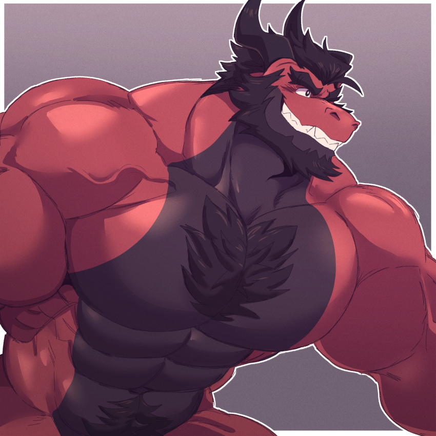 2023 abs anthro beard big_biceps big_deltoids big_pecs black_body black_hair black_scales clothed clothing dragon facial_hair gradient_background hair hi_res jugger_(character) juggermelon looking_aside male multicolored_body multicolored_scales muscular muscular_anthro muscular_male obliques pecs pubes red_body red_scales scales scalie simple_background solo topless two_tone_body two_tone_scales vein veiny_muscles