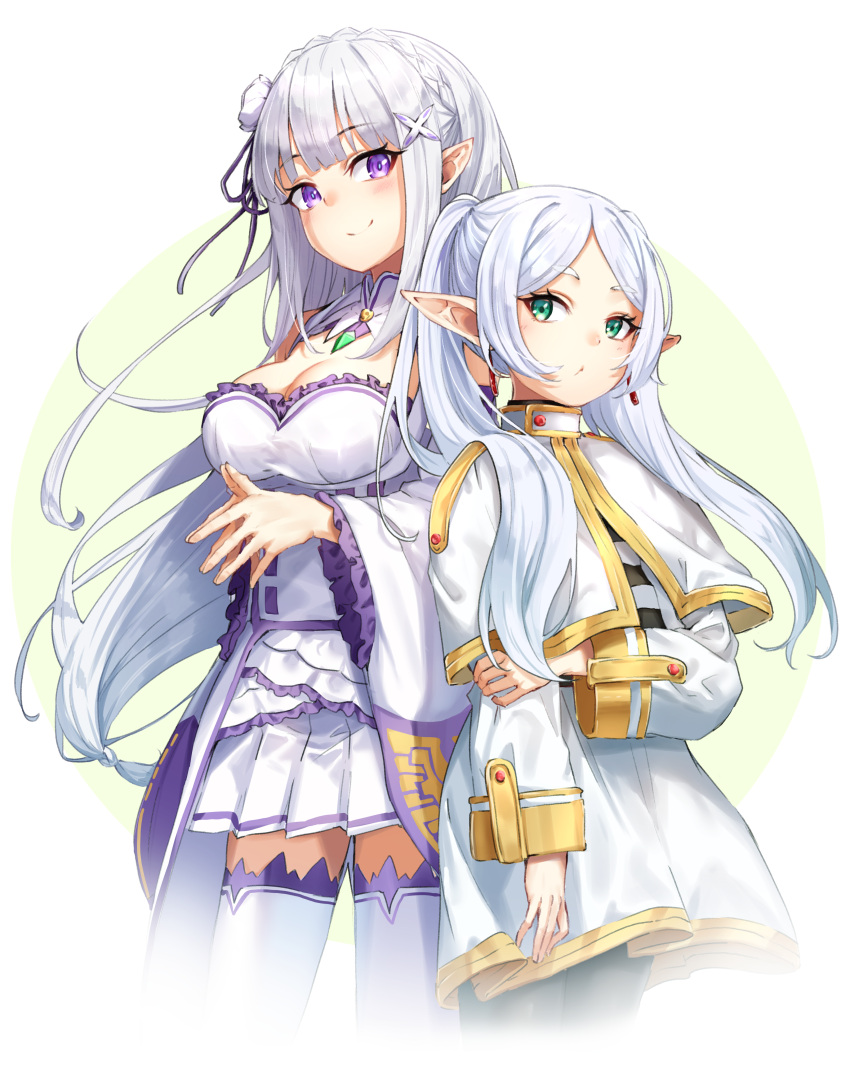 2girls absurdres breasts capelet cleavage closed_mouth commentary_request crossover detached_sleeves earrings elf emilia_(re:zero) frieren green_background green_eyes grey_hair highres jewelry looking_at_viewer m.tokotsu medium_breasts multiple_girls pointy_ears purple_eyes re:zero_kara_hajimeru_isekai_seikatsu skirt smile sousou_no_frieren twintails two-tone_background white_background white_capelet white_skirt white_sleeves