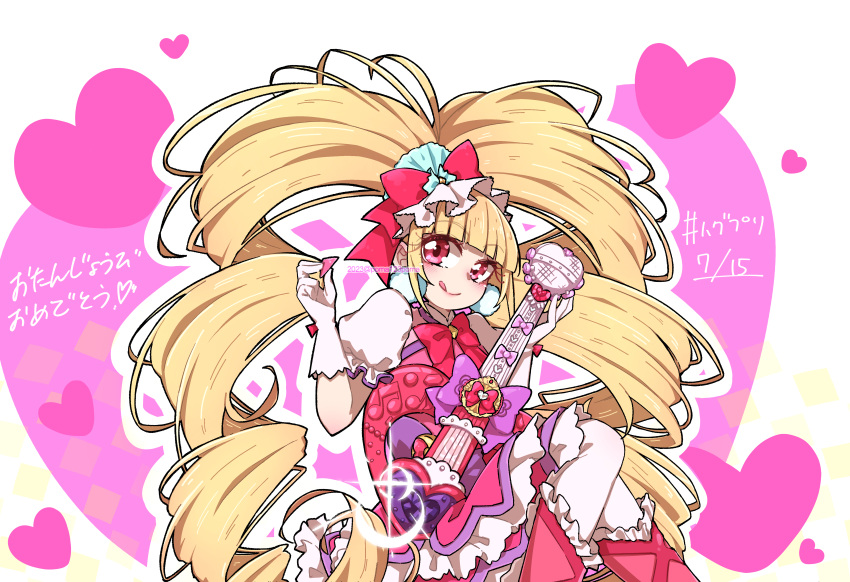 1girl :q absurdres aisaki_emiru blonde_hair blunt_bangs boots bow bowtie commentary_request cure_macherie dated dress drill_hair earrings electric_guitar floating gloves guitar happy_birthday hashtag hat hat_bow heart highres holding holding_instrument holding_plectrum hugtto!_precure instrument jewelry long_hair looking_at_viewer magical_girl partial_commentary plectrum pom_pom_(clothes) pom_pom_earrings poma123poma precure puffy_short_sleeves puffy_sleeves red_bow red_bowtie red_dress red_eyes red_footwear short_dress short_sleeves solo thighhighs tongue tongue_out translated twintails twitter_username very_long_hair white_gloves white_headwear white_thighhighs