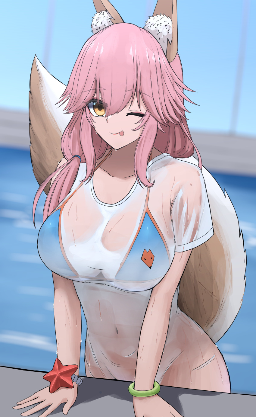 1girl absurdres animal_ear_fluff animal_ears bikini blue_bikini breasts closed_mouth collarbone covered_navel fate/grand_order fate_(series) fox_ears fox_print fox_tail highres indoors large_breasts long_hair looking_at_viewer navel one_eye_closed pink_hair purasu_haven see-through shirt solo swimsuit t-shirt tail tamamo_(fate) tamamo_no_mae_(swimsuit_lancer)_(fate) tamamo_no_mae_(swimsuit_lancer)_(second_ascension)_(fate) tongue wet wet_clothes wet_shirt yellow_eyes