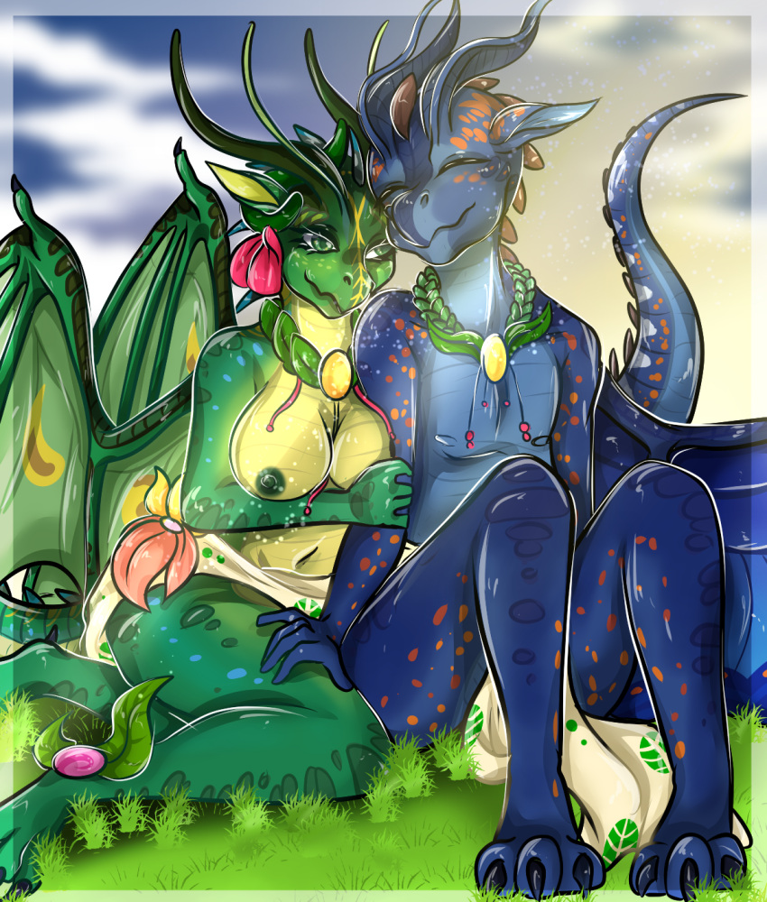 anthro big_breasts blue_body blue_nipples blue_scales bottomwear breasts canon_couple clothed clothing countershading crown cuddling dragon duo female finnyartwork floral_clothing gold_scales green_body green_nipples green_scales headgear hi_res king loincloth luna_(wof) male male/female multicolored_body multicolored_scales nature nature_background nature_theme navel nipples non-mammal_breasts non-mammal_nipples nude orange_body orange_scales outdoor_nudity queen romantic romantic_couple royalty scales scalie silkwing_(wof) skirt smile social_nudity sunny sunny_day swordtail_(wof) tasteful_nudity topless topless_anthro topless_female topless_male wholesome wings_of_fire yellow-green_scales yellow_body yellow_scales