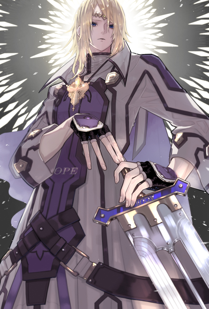 1boy 2tsubu black_gloves blonde_hair blue_eyes circlet cross english_text fingerless_gloves gloves guilty_gear guilty_gear_2 hair_between_eyes highres holding holding_sword holding_weapon king ky_kiske long_hair long_sleeves looking_at_viewer male_focus shirt solo sword upper_body weapon white_shirt wide_sleeves