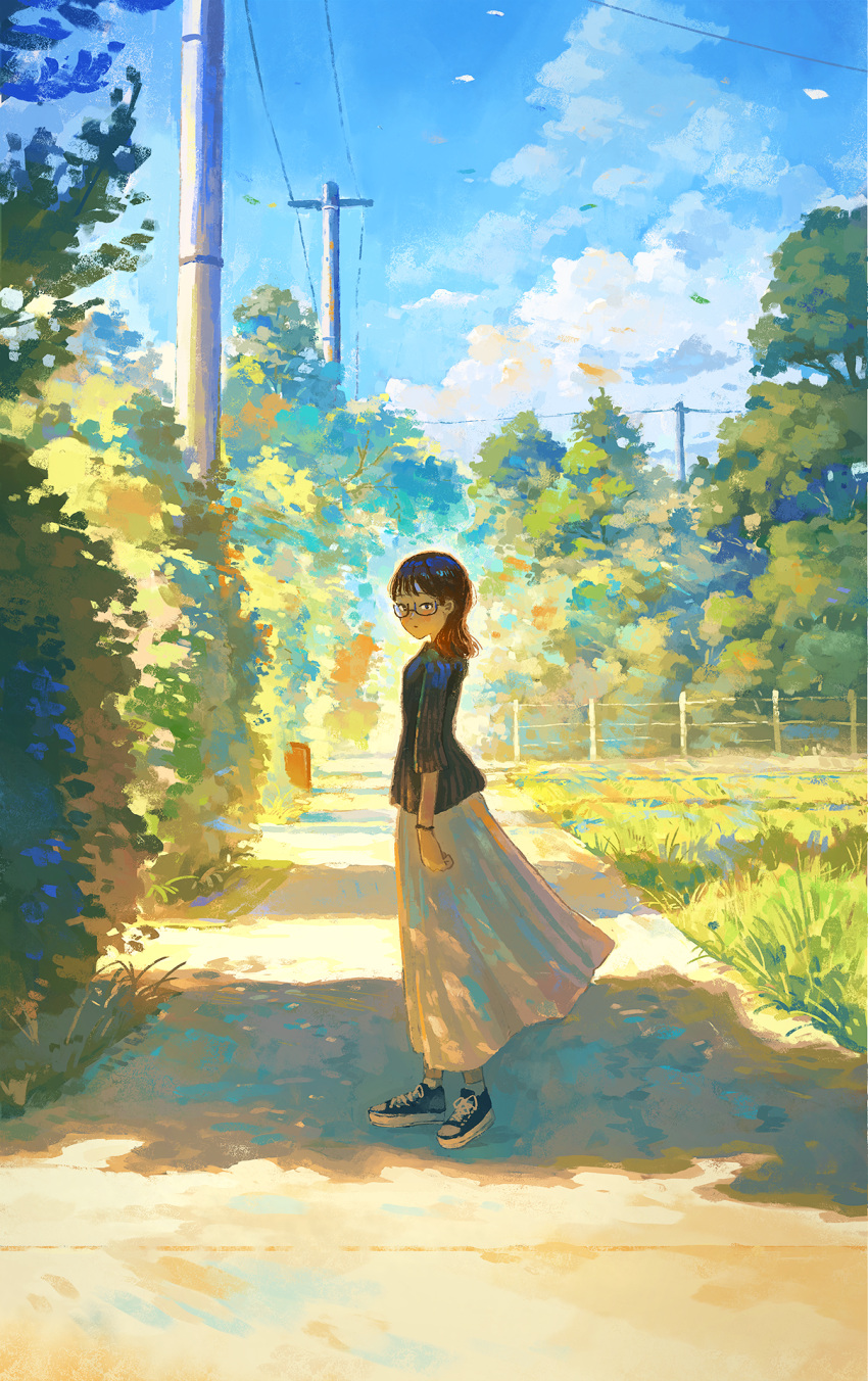 1girl black-framed_eyewear black_shirt brown_hair cloud day dirt_road fjsmu full_body glasses highres long_hair long_sleeves original outdoors power_lines road semi-rimless_eyewear shirt shoes skirt sky sneakers solo standing under-rim_eyewear utility_pole white_skirt