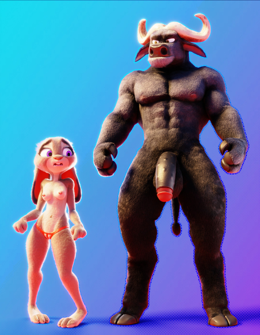 2_horns 3_fingers 3_toes 4_fingers abs absurd_res anthro areola balls barbell_piercing biceps big_balls big_penis black_body black_fur black_nose bovid bovine breasts brown_eyes buckteeth cape_buffalo chief_bogo claws clothed clothing digital_media_(artwork) disney duo feet female fingers fur genitals grey_body grey_fur hi_res hooves horn judy_hopps lagomorph larger_male leporid looking_down male mammal muscular muscular_anthro muscular_male navel navel_piercing nipple_barbell nipple_piercing nipples nubbed_penis nude open_mouth panties panties_only pecs penis piercing pink_areola pink_nipples pink_nose pochemu purple_eyes pussy simple_background size_difference smaller_female tail teeth toe_claws toes topless underwear underwear_only zootopia