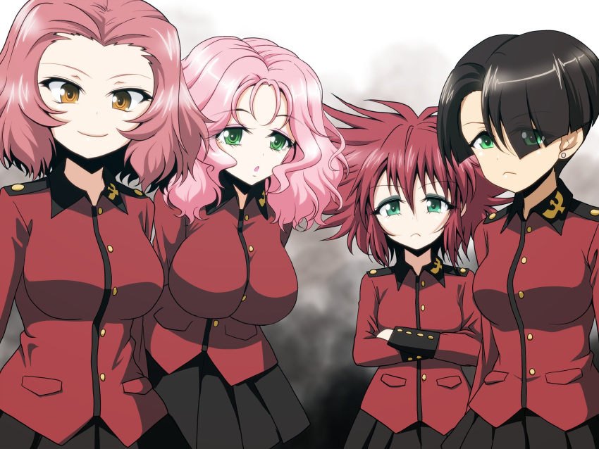 4girls black_hair black_skirt breasts commentary_request cranberry_(girls_und_panzer) crossed_arms epaulettes girls_und_panzer girls_und_panzer_saishuushou green_eyes hair_over_one_eye highres impossible_clothes jacket kamishima_kanon large_breasts long_sleeves looking_at_viewer medium_hair messy_hair multiple_girls partial_commentary peach_(girls_und_panzer) pink_hair pleated_skirt red_hair red_jacket rosehip_(girls_und_panzer) short_hair skirt st._gloriana's_military_uniform vanilla_(girls_und_panzer) wavy_hair