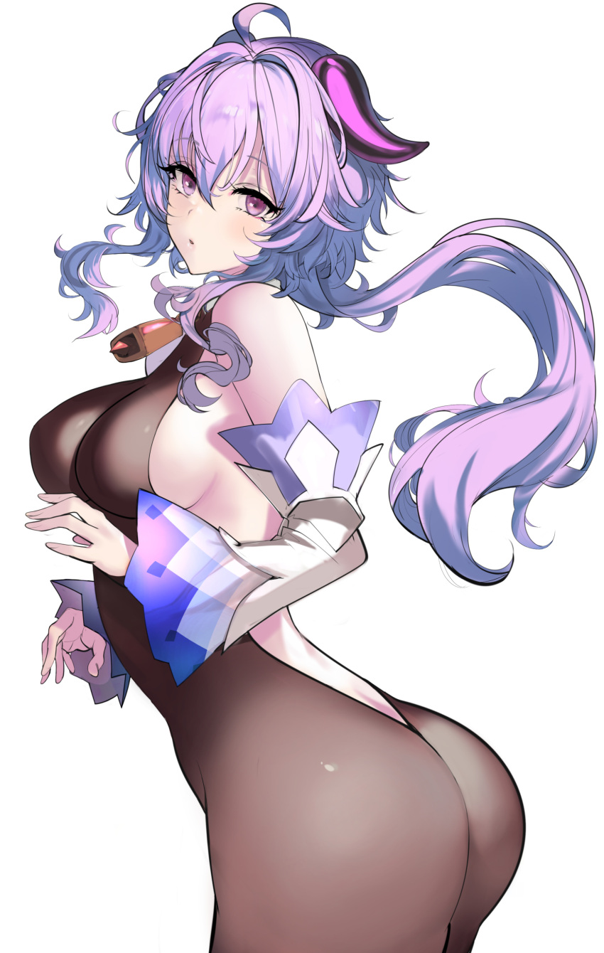 1girl absurdres ahoge ass backless_outfit bare_shoulders bell blue_hair blush bodystocking breasts covered_nipples detached_sleeves from_side ganyu_(genshin_impact) genshin_impact hareno_chiame highres horns large_breasts long_hair looking_at_viewer neck_bell no_gloves purple_eyes revision sideboob sidelocks solo standing thighs white_background white_sleeves