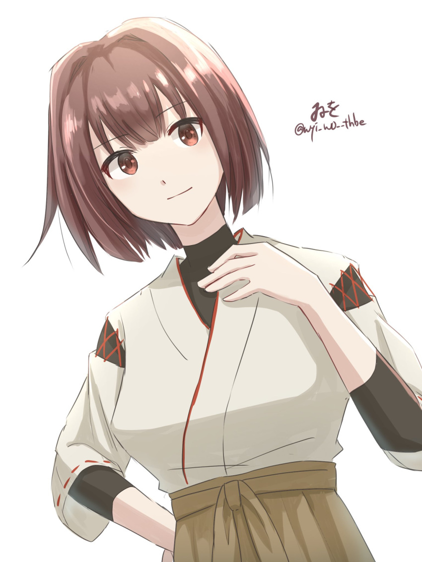 1girl black_shirt brown_eyes brown_hair brown_hakama hakama highres hyuuga_(kancolle) japanese_clothes kantai_collection one-hour_drawing_challenge shirt short_hair simple_background solo twitter_username undershirt upper_body white_background wiwo