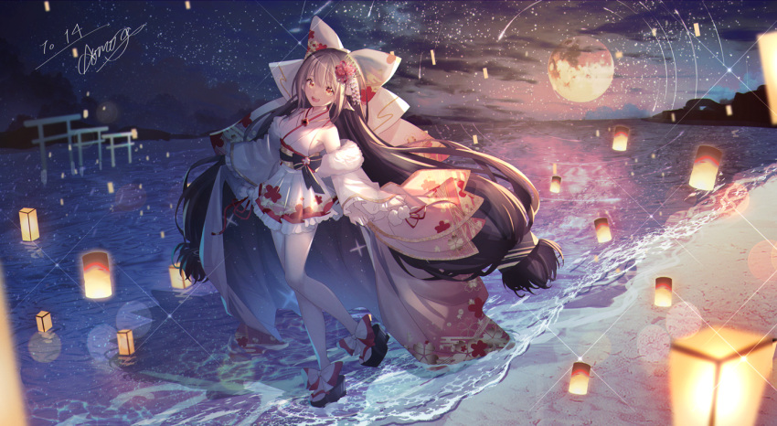 1girl aono_99 azur_lane beach brown_hair commission detached_sleeves floral_print full_body full_moon fur-trimmed_sleeves fur_trim harutsuki_(a_dance_for_the_coming_spring)_(azur_lane) harutsuki_(azur_lane) japanese_clothes kimono kimono_skirt long_hair long_sleeves looking_at_viewer moon night night_sky official_alternate_costume open_mouth outdoors pantyhose second-party_source short_kimono signature sky sleeveless sleeveless_kimono solo star_(sky) starry_sky twintails very_long_hair water white_pantyhose wide_sleeves yellow_eyes