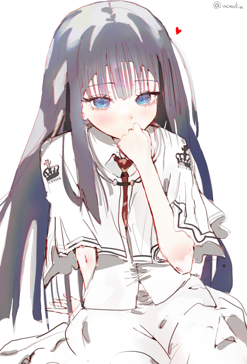 1girl arm_behind_back arm_support black_hair blue_eyes blunt_bangs capelet collared_shirt crown_print film_grain hand_to_own_mouth heart highres long_hair necktie parted_lips print_capelet red_necktie school_uniform shirt simple_background sitting skirt solo straight_hair subarashiki_hibi takashima_zakuro twitter_username very_long_hair white_background white_capelet white_shirt white_skirt