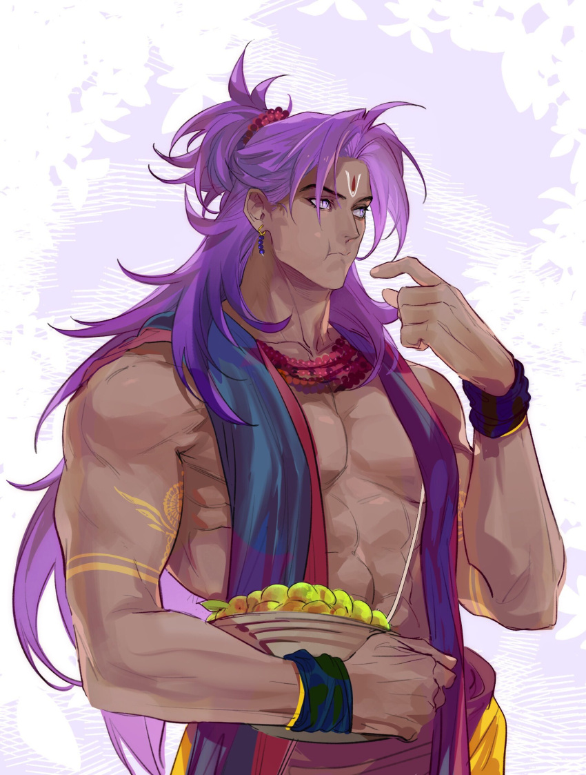 1boy abs alternate_costume bare_pectorals basket bead_necklace beads bhima_(fate) dark-skinned_male dark_skin earrings eating facial_mark fate/grand_order fate_(series) forehead_mark fruit_basket highres holding holding_basket indian_clothes jewelry long_hair male_focus muscular muscular_male necklace pectorals purple_eyes purple_hair sash solo topless_male upper_body very_long_hair washblackmud wristband