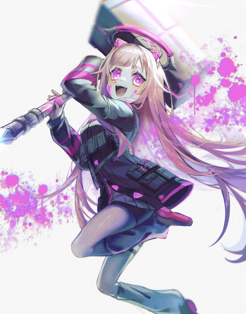 1girl :d absurdres arms_up attack black_jacket blood blood_on_face blood_splatter close_game/offline_(project_sekai) crazy_smile empty_eyes halo hammer highres holding holding_hammer jacket long_hair long_sleeves mechanical_halo nuko_0108 official_alternate_costume official_alternate_hair_length official_alternate_hairstyle ootori_emu open_mouth pink_blood pink_eyes pink_hair project_sekai robot_ears sidelocks simple_background smile solo tactical_clothes white_background