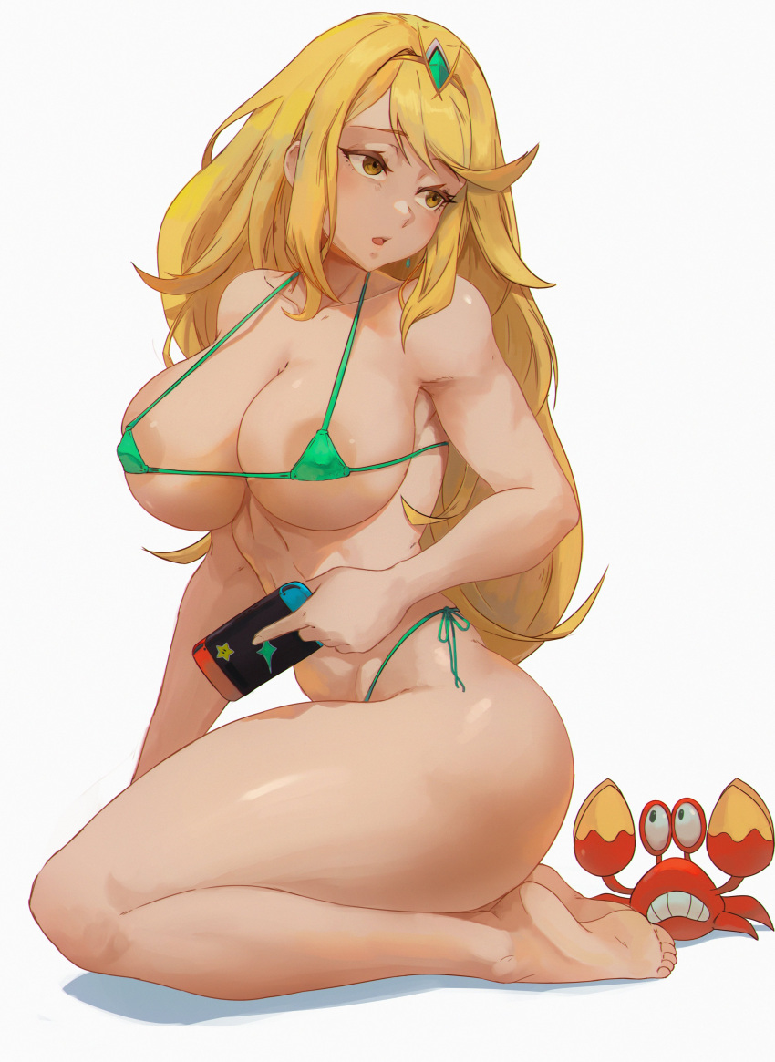 absurdres alterlesott bikini blonde_hair breasts highres long_hair looking_to_the_side mythra_(xenoblade) nintendo_switch sitting super_star_(mario) swimsuit thick_thighs thighs xenoblade_chronicles_(series) xenoblade_chronicles_2 yellow_eyes