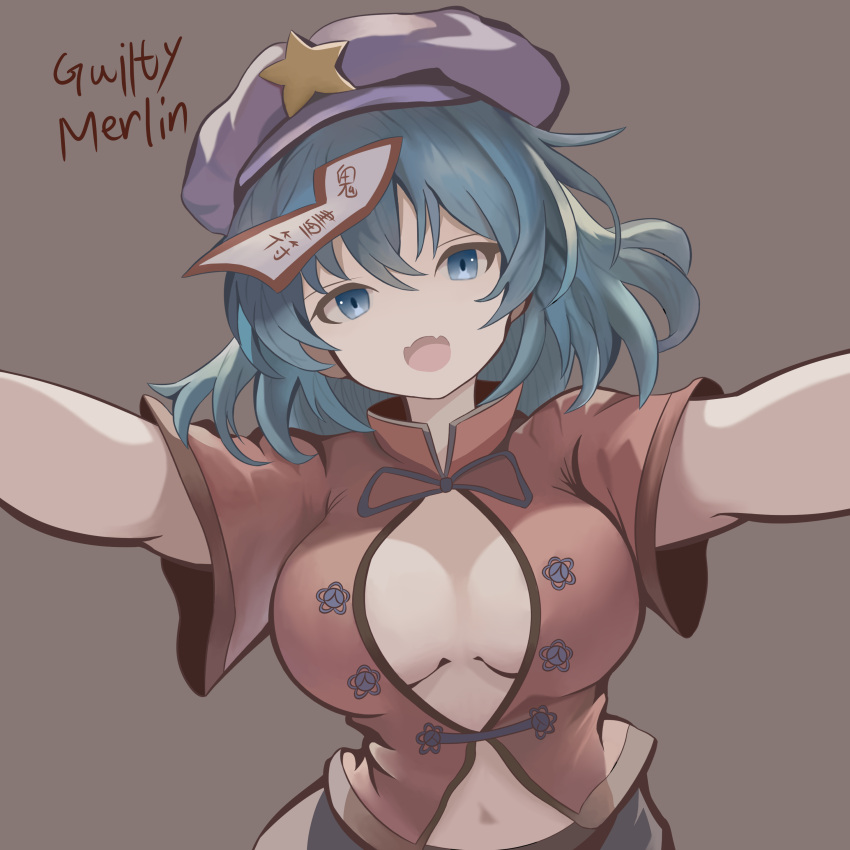 1girl absurdres bandages black_ribbon blue_eyes blue_hair breasts breasts_apart brown_background button_gap cabbie_hat chinese_clothes commentary_request fangs guilty_merlin hair_between_eyes hat hat_ornament highres jiangshi looking_at_viewer medium_bangs medium_breasts medium_hair miyako_yoshika navel ofuda open_mouth purple_headwear red_shirt ribbon shirt short_sleeves signature simple_background skin_fangs smile solo star_(symbol) star_hat_ornament tangzhuang touhou upper_body