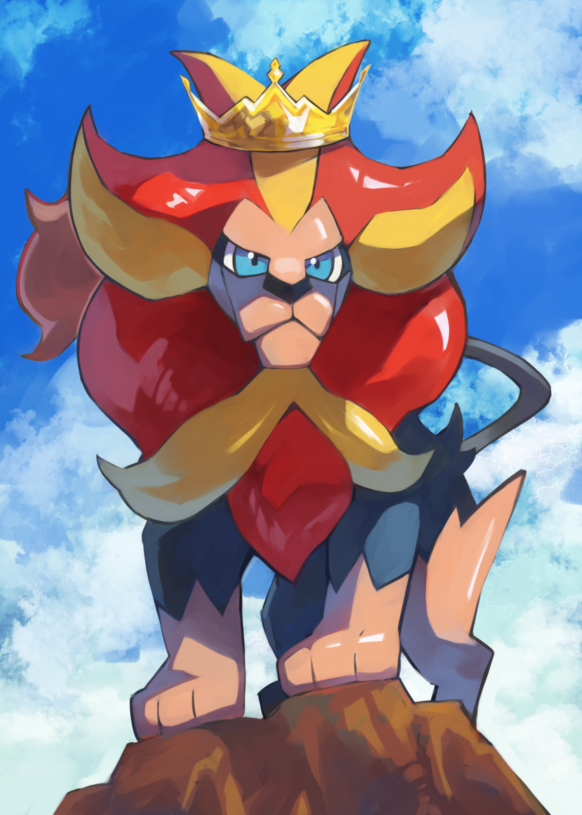 :&lt; absurdres aqua_eyes closed_mouth cloud commentary_request crown day gara_(qbeuxvii22) highres looking_down no_humans outdoors pokemon pokemon_(creature) pyroar pyroar_(male) sky standing