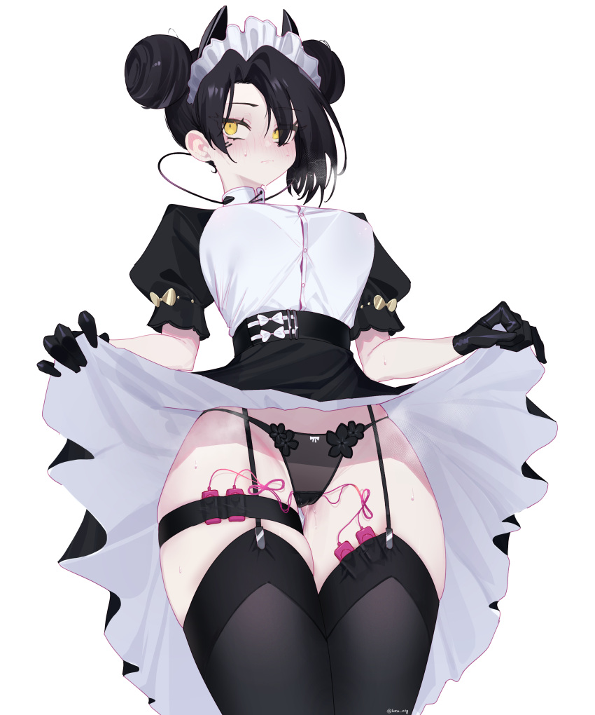 1girl absurdres agent_(girls'_frontline) black_garter_straps black_gloves black_hair black_panties black_thighhighs blush breasts breath cameltoe closed_mouth clothes_lift double_bun dress dress_lift ear_blush eonsang garter_straps girls'_frontline gloves hair_bun highres large_breasts lifted_by_self maid_headdress panties puffy_short_sleeves puffy_sleeves pussy_juice sex_toy short_sleeves solo thighhighs underwear vibrator vibrator_cord vibrator_in_thigh_strap vibrator_in_thighhighs vibrator_under_clothes yellow_eyes