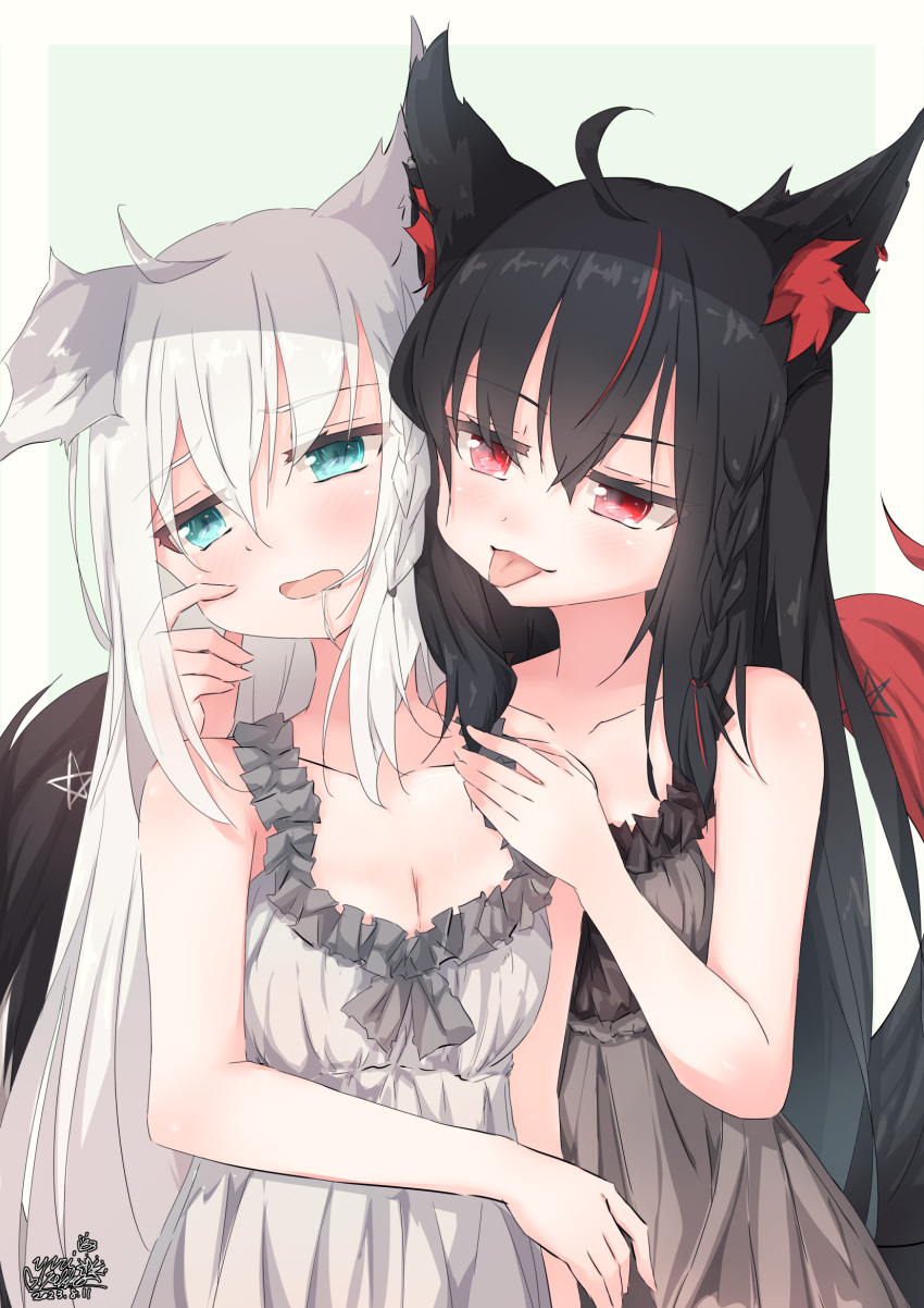 2girls ahoge animal_ear_fluff animal_ears babydoll black_babydoll black_hair blush braid breasts cleavage commentary_request earrings fox_ears fox_girl fox_tail green_eyes hair_between_eyes highres holding hololive jewelry kurokami_fubuki long_hair looking_at_another multicolored_hair multiple_girls open_mouth pentagram red_eyes red_hair shirakami_fubuki sidelocks signature single_braid small_breasts streaked_hair tail tongue tongue_out virtual_youtuber white_babydoll white_hair yuri_pekko