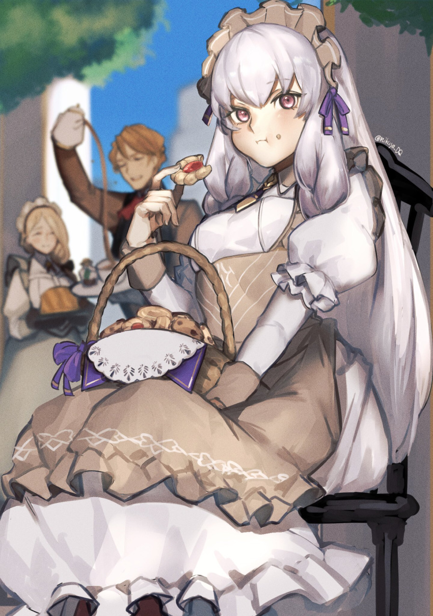 1boy 2girls apron basket blonde_hair brown_apron brown_suit cake chair closed_eyes closed_mouth commentary cookie dress eating ferdinand_von_aegir ferdinand_von_aegir_(tea_party) fire_emblem fire_emblem:_three_houses fire_emblem_heroes food food_in_mouth food_on_face highres holding holding_food holding_teapot holding_tray juliet_sleeves long_hair long_sleeves looking_at_viewer lysithea_von_ordelia lysithea_von_ordelia_(tea_party) maid_headdress mercedes_von_martritz mercedes_von_martritz_(tea_party) multiple_girls official_alternate_costume orange_hair outdoors pink_eyes puffy_sleeves seinikuten short_hair sitting smile suit teapot tray twitter_username very_long_hair waist_apron white_hair