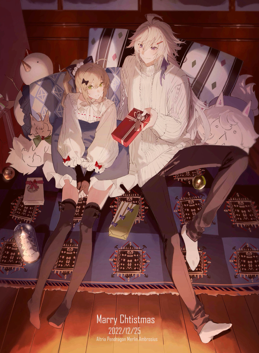 1boy 1girl absurdres artoria_pendragon_(fate) black_bow black_pants black_thighhighs blonde_hair blue_dress bow box bsq carpet christmas christmas_ornaments christmas_present dated dress fate/grand_order fate_(series) fou_(fate) from_above gift gift_box hair_between_eyes hair_ornament hairpin highres holding holding_box holding_gift incoming_gift indoors long_hair long_sleeves looking_at_another looking_at_viewer merlin_(fate) merry_christmas on_floor pants pillow ponytail puffy_sleeves purple_eyes purple_ribbon red_bow ribbon saber saber_lily sitting smile snowman socks stuffed_toy sweater thighhighs very_long_hair white_hair white_ribbon white_socks white_sweater yellow_eyes