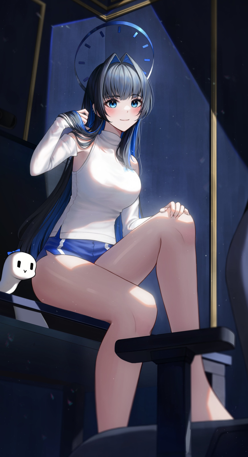 1girl absurdres bare_legs black_hair blue_eyes blue_hair blue_shorts blurry blurry_background blurry_foreground blush boros_(ouro_kronii) breasts chair closed_mouth colored_inner_hair depth_of_field desk detached_sleeves ear_piercing eonyan_(chaeyang) eyelashes feet_out_of_frame hair_intakes halo hand_on_own_knee hands_up highres hololive hololive_english indoors knee_up large_breasts legs long_hair looking_at_viewer multicolored_hair office_chair on_desk ouro_kronii ouro_kronii_(3rd_costume) piercing shadow shirt short_shorts shorts sidelocks sitting sitting_on_desk sleeveless sleeveless_shirt smile solo swivel_chair thighs virtual_youtuber white_shirt white_sleeves