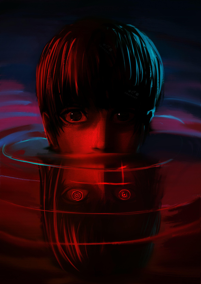 2girls absurdres apocalypse_now black_eyes black_hair blank_stare chainsaw_man close-up crain1art dark different_reflection glowing glowing_eyes glowing_scar highres horror_(theme) limited_palette looking_at_viewer mitaka_asa multiple_girls night nose partially_submerged realistic red_theme reflection ringed_eyes ripples scar scar_on_face staring watermark yoru_(chainsaw_man)