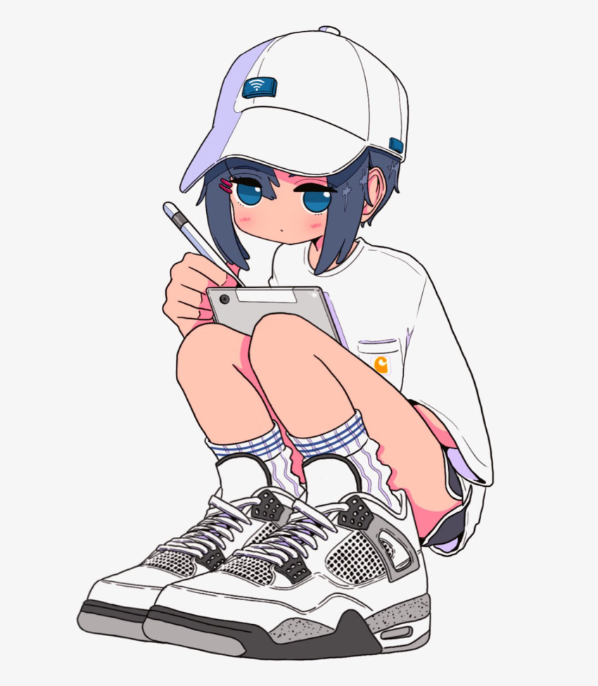 1girl air_jordan air_jordan_4 apple_pencil asymmetrical_bangs baseball_cap blue_eyes breast_pocket carhartt dolphin_shorts drawing full_body grey_hair grey_shorts hat highres holding holding_stylus holding_tablet_pc ipad looking_at_viewer nao97122 nike original pocket ribbed_socks shirt shoes short_hair short_sleeves shorts sidelocks simple_background sneakers socks solo squatting streetwear stylus t-shirt tablet_pc white_background white_footwear white_headwear white_shirt white_socks